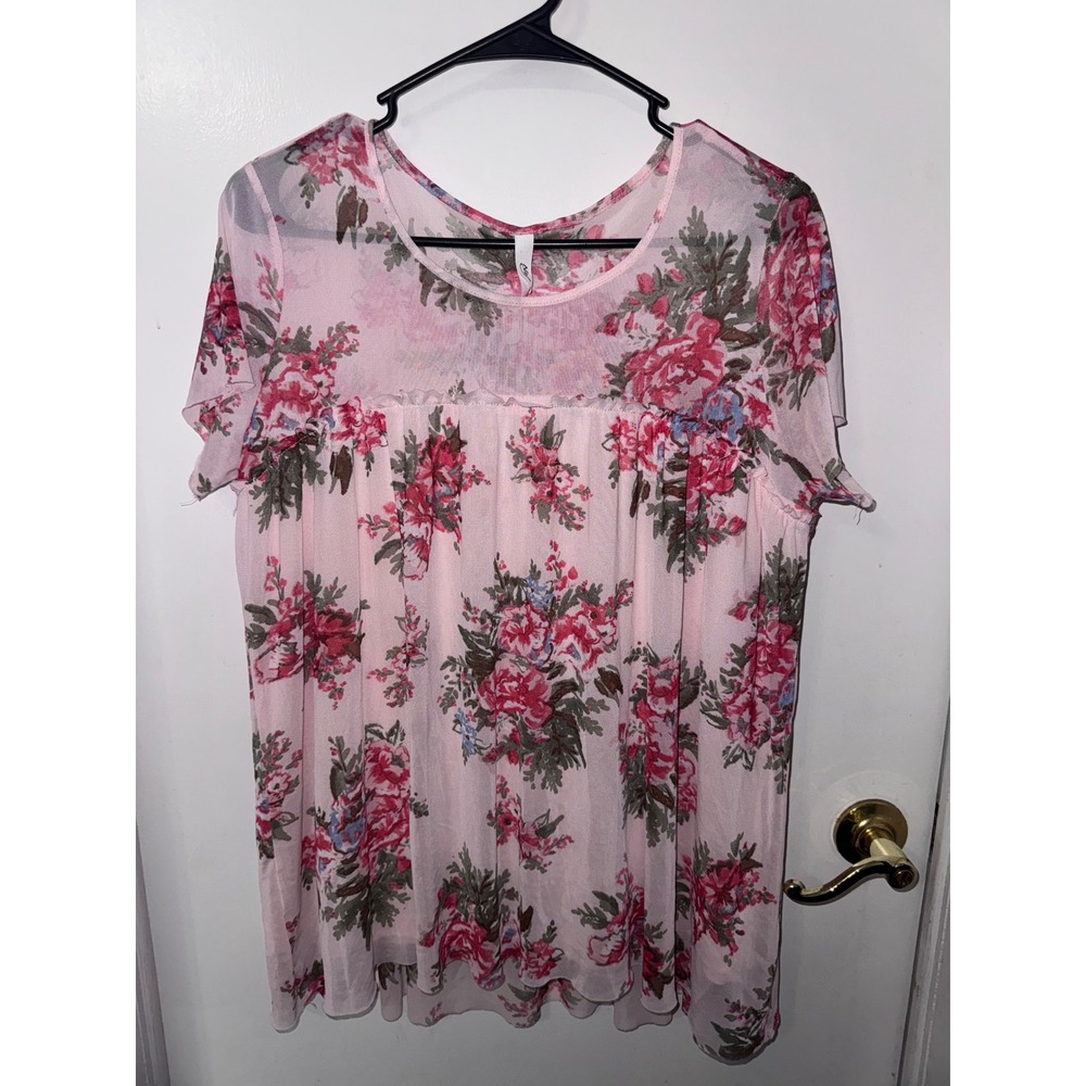 NY Collection Pink Floral Mesh Overlay Short Sleeve Blouse Large